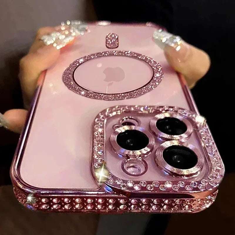 iPhone Glitter Diamond Transparent Case Magnetic Wireless Charge Back Cover